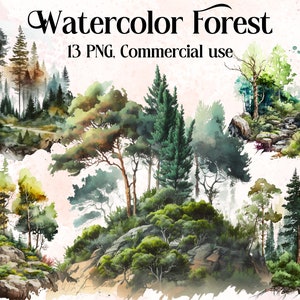 Forest clipart, wood clip art, png. Digital watercolor. Free commercial use. Summer misty forest landscape. Trees Greenery Foggy Backgrounds