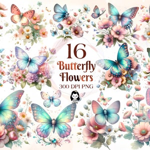 Floral papillons fleurs aquarelle Clipart Bundle PNG papillon fleurs Images, graphiques printaniers, téléchargement numérique instantané, usage Commercial