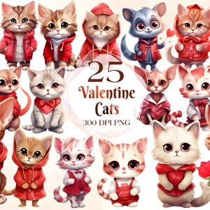 Pacote de clipart em aquarela de gatos para o dia dos namorados - 25 imagens PNG de gatos românticos, gráficos de amor de gatinho, download digital instantâneo, uso comercial