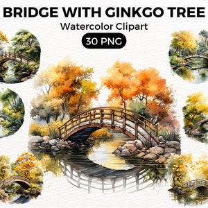 Ginkgo Tree Bridge Clipart, Trees Digital watercolor png Bridge, Watercolor Clipart Spring, Forest Trees illustration Digital Art