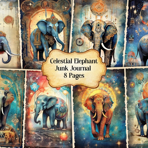 Watercolor Celestial Elephant Junk Journal Printable Page, Cosmic Junk Journal, Junk Journal Paper Digital Collage Sheet,Instant Download