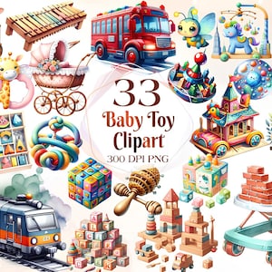 Aquarell Baby Spielzeug Clipart | Holzklötze, Plüschhase, Kinderzimmerdeko, Babyparty Abbildungen | Sofort Download für kommerzielle Nutzung