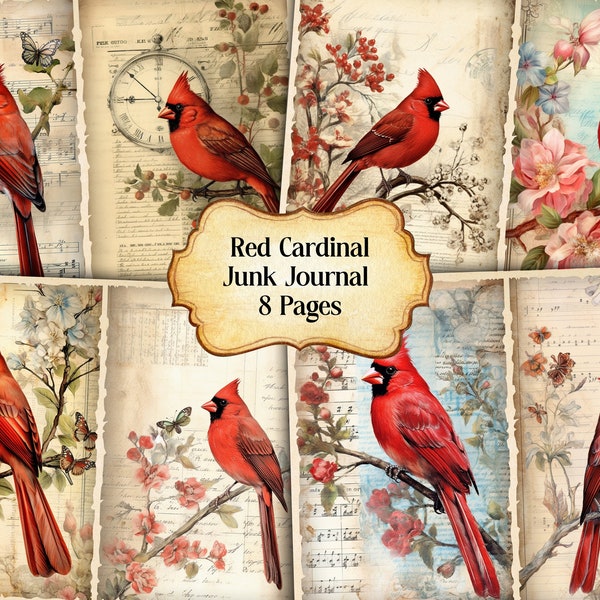 Watercolor Red Cardinal Junk Journal Printable Page, Red Cardinal Junk Journal Kit,Junk Journal Paper Digital Collage Sheet,Instant Download