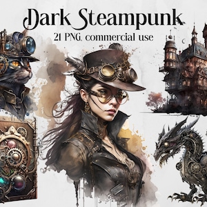 Watercolor Clipart Dark Steampunk, Watercolor Steampunk PNG,Pink Steampunk Victorian Bundle, Fantasy Clipart, Instant Digital Download