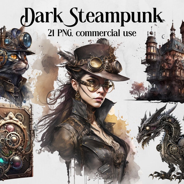 Watercolor Clipart Dark Steampunk, Watercolor Steampunk PNG,Pink Steampunk Victorian Bundle, Fantasy Clipart, Instant Digital Download