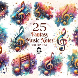 Musik Fantasy Noten Clipart, 25 hochwertige PNGs, digitaler Download, Kartenherstellung, Scrapbooking, lebendiges Aquarell, bedruckbar, Journaling