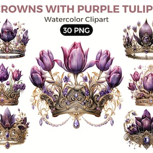 Royal Crowns With Purple Tulips Flowers Clipart, Watercolor floral clipart, bouquets, flowers, nursery, wreath, blossom, for portraits png