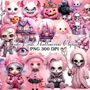 Cute Pink Halloween Watercolor Clipart Bundle | PNG Trick or Treat Images, Sweet Dessert Graphics, Instant Digital Download,Commercial Use
