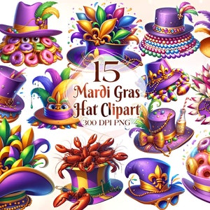 Watercolor Mardi Gras Hat Clipart PNG Bundle King Cake Clipart Masquerade Clip Art Fleur de lis Graphics Happy Mardi Gras Png Carnival
