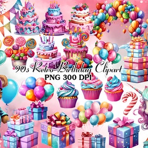 Retro Geburtstag Clipart Bundle | Aquarell, Geburtstag, Luftballons, Geschenkbox, Lutscher, Cupcakes | Hochauflösende PNG Bilder Sofortiger Download