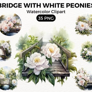 Garden Bridge White Peonies Clipart, garden clipart, Digital watercolor, Watercolor Clipart Spring, summer Flowers illustration Digital Art