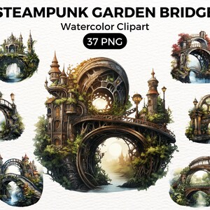 Steampunk Garden Bridge clipart, Vintage clipart, retro clipart, fantasy bridge png, Scrapbooking, Digital watercolor, Free commercial use
