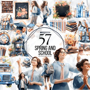 Imágenes prediseñadas de la escuela de primavera, imágenes prediseñadas de regreso a la escuela, imágenes prediseñadas de maestros, autobús escolar, png escolar, imágenes prediseñadas para niños, uso comercial de descarga digital