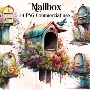 Mailbox clipart. Mail clipart. Vintage clipart, retro clip art, boho. png. Post set. Scrapbooking. Digital watercolor. Free commercial use