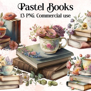Aquarell Pastell Bücher Clipart PNG, Pastell Blumen Buch Clip Art, Pastell Bibliothek Innenraum, Rose Buch PNG Bundle, Lese Clipart