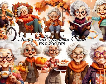 Funny Fall Autumn grandma png clip art, funny mom clipart PNG. Watercolor. Cute Mom Grandma Woman. Digital download.
