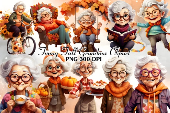 Funny Fall Autumn grandma png clip art, funny mom clipart PNG. Watercolor. Cute Mom Grandma Woman. Digital download.