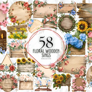 Floral houten bord clipart, rustiek houten bord, afdrukbare aquarel clipart, hoge kwaliteit JPG, digitale download, papier ambachtelijke, ongewenste tijdschriften