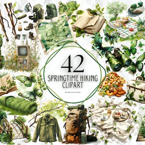Bundle de cliparts camping aquarelle, randonnée Clipart PNG, randonnée en montagne, fille de camping, scrapbooking, journal indésirable, travaux manuels en papier pour scrapbooking