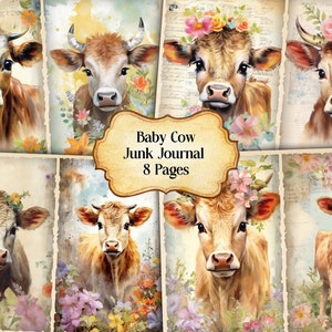 Watercolor Baby Cow Junk Journal Printable Page, Cute Little Cow Junk Journal Kit,Junk Journal Paper Digital Collage Sheet, Instant Download
