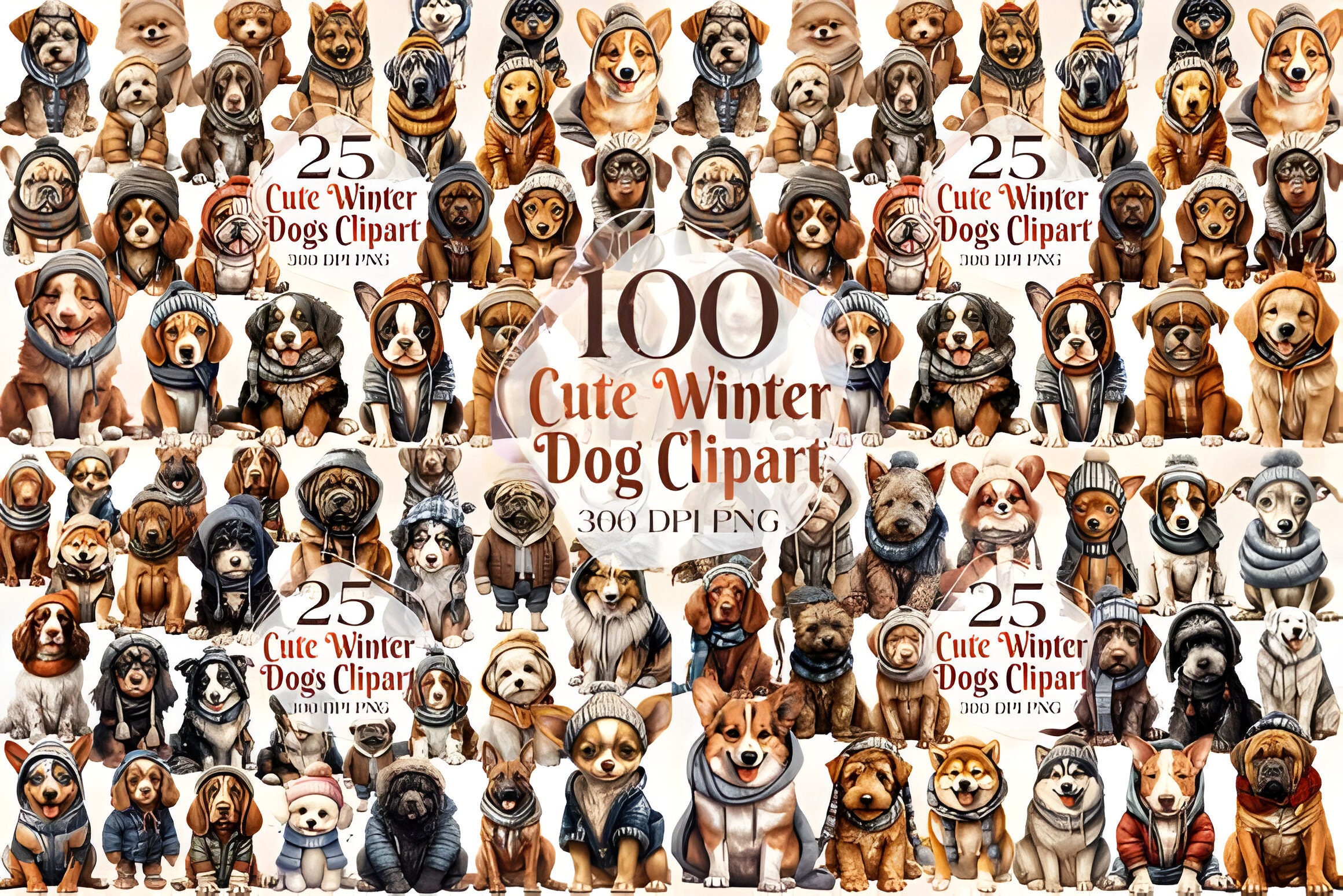 100 Breeds Cute Winter Dogs Clipart | PNG Cute Dog Perfect for Card Making, Printing, Digital Paper Craft - Transparent - Commercial License