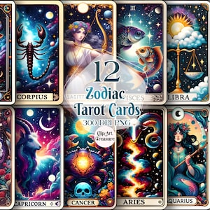 Clipart stampabile delle carte dei tarocchi dello zodiaco, 12 carte dello zodiaco Png, zodiaco Design Clipart zodiaco per POD, 12 Horosope Zodiac File digitale, carta dei tarocchi