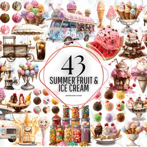 Zomerfruit & ijs aquarel clipart, kegels en ijscoupes, ijswagen clip art PNG-afbeeldingen direct downloaden voor commercieel gebruik