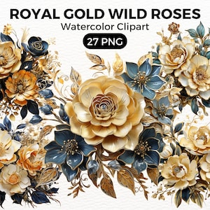 Watercolor Royal Gold Wild Roses Flowers PNG Clipart, Floral Clip Art, Magical Flower bundle, Jewelled Flower png, Royal Watercolor Flowers
