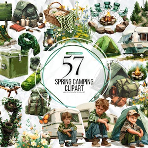 Clipart de acampamento de primavera em aquarela | Tenda, fogueira, lanterna, mochila, ilustrações para acampamento, gráficos PNG, download instantâneo para uso comercial