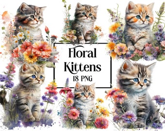 Watercolor Kitten ClipArt, Animal PNG, Cute Floral Cat Clipart Bundle, Cat Kittens Lovers Digital Art Gift Clipart, Floral Cats Clipart Art