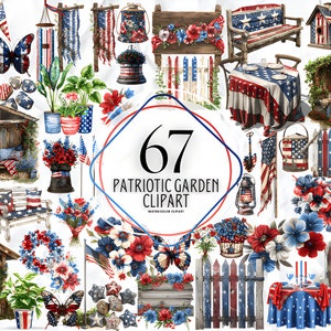 Clipart giardino patriottico dell'acquerello, clipart America, clipart del Giorno dell'Indipendenza, clipart del 4 luglio, clipart acquerello del 4 luglio