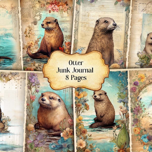Watercolor Otter Junk Journal Printable Page, Otter Junk Journal Kit,Junk Journal Paper Digital Collage Sheet, Instant Download