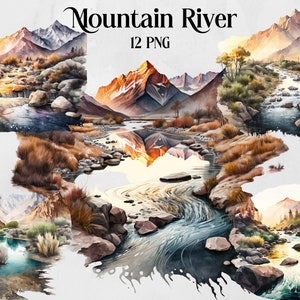 Watercolour Mountain River Clipart Bundle, Landscape clipart, hiking, nature, camping, Mountain River Nature Lovers Gift Digital Clipart