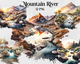 Watercolour Mountain River Clipart Bundle, Landscape clipart, hiking, nature, camping, Mountain River Nature Lovers Gift Digital Clipart