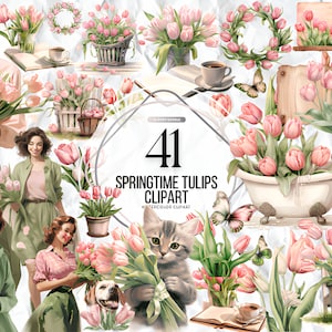 Aquarel lente pastel tulpen clip art-lente Pasen bloemen PNG-formaat bloem clipart instant download voor commercieel gebruik