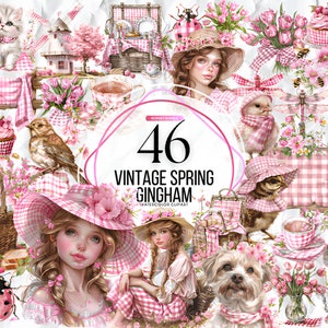 Aquarelle vintage rose printemps Vichy Clipart, clipart printemps douillet, graphiques floraux, printemps mignon, autocollants numériques fleurs fille aquarelle