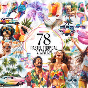Imágenes prediseñadas de vacaciones tropicales, imágenes prediseñadas de verano de acuarela, imágenes prediseñadas de chica de moda, imágenes prediseñadas de playa, imágenes prediseñadas florales, imágenes prediseñadas de cócteles, uso comercial