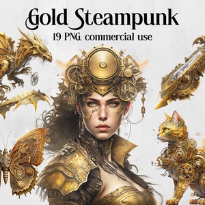 Watercolor Clipart Gold Steampunk, Watercolor Steampunk PNG,Pink Steampunk Victorian Bundle, Fantasy Clipart, Instant Digital Download