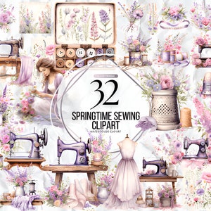 Aquarel bloemen lente naaimachines clipart bundel - vintage bloemen shabby PNG-formaat direct downloaden voor commercieel gebruik