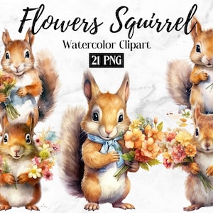 Happy Squirrel With A Flowers Clipart, 21High Quality PNGs, Digital Planner, Junk Journals, Watercolor - Commercial Use - Digital Download
