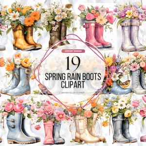 Watercolor Spring Rain Boots Clipart - Spring Garden PNG Watercolor, Flowers Clipart, Crafting, Junk Journal, Instant Download Rainy Day