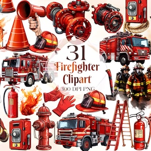 31 Fire Department Watercolor Clipart PNG | Fire Station Fireman Fire Fighter PNG Clipart | Fire Fighter Fire Truck Birthday Nursery Clipart