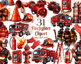 31 Fire Department Watercolor Clipart PNG | Fire Station Fireman Fire Fighter PNG Clipart | Fire Fighter Fire Truck Birthday Nursery Clipart
