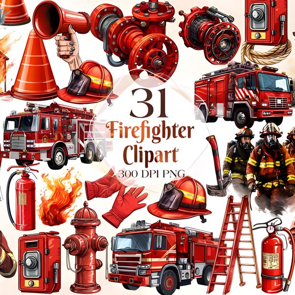 31 Fire Department Watercolor Clipart PNG | Fire Station Fireman Fire Fighter PNG Clipart | Fire Fighter Fire Truck Birthday Nursery Clipart