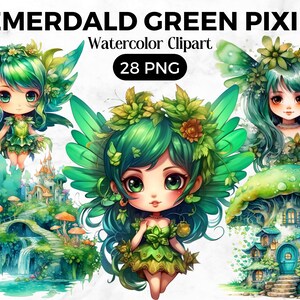 Watercolour Emerald Green Fairy Clipart Fairytale Fantasy PNG Digital Image Downloads for Card Making Scrapbook Junk Journal Paper Crafts