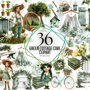 Summer Green Cottage Core Clipart acuarela Sage Green Cottagecore Clipart Bundle Cottage viviendo vida agrícola campo vida rústica