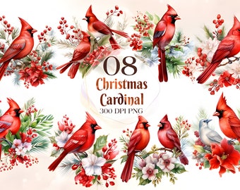 8 Christmas Red Cardinal Clipart PNG, Watercolor clipart PNG, bird clipart, PNG, Watercolor, Commercial Use,Digital Download