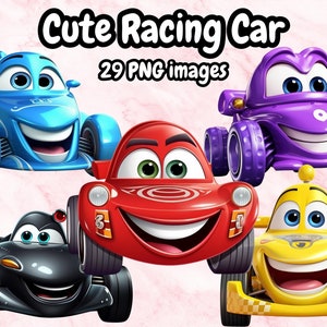 Niedliche Rennautos Clipart, Baby süße Autos Cartoon für Kinder, Sofort-Download, Kinder Fahrzeuge Cartoon animierte Fahrzeuge hochwertige PNG Clipart