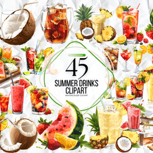 Aquarela Tropical Summer Cocktail Drinks Clipart Pacote de 45 - Fundo Transparente - Download Digital de Gráficos PNG - Uso Comercial