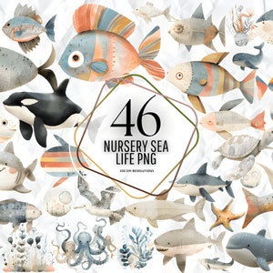 Unterwasser Aquarell Clipart Bundle - Kinderzimmerdeko, Baby Wandkunst, niedliche Meerestiere PNG, Babyparty, Qualle, Wal, Seepferdchen
